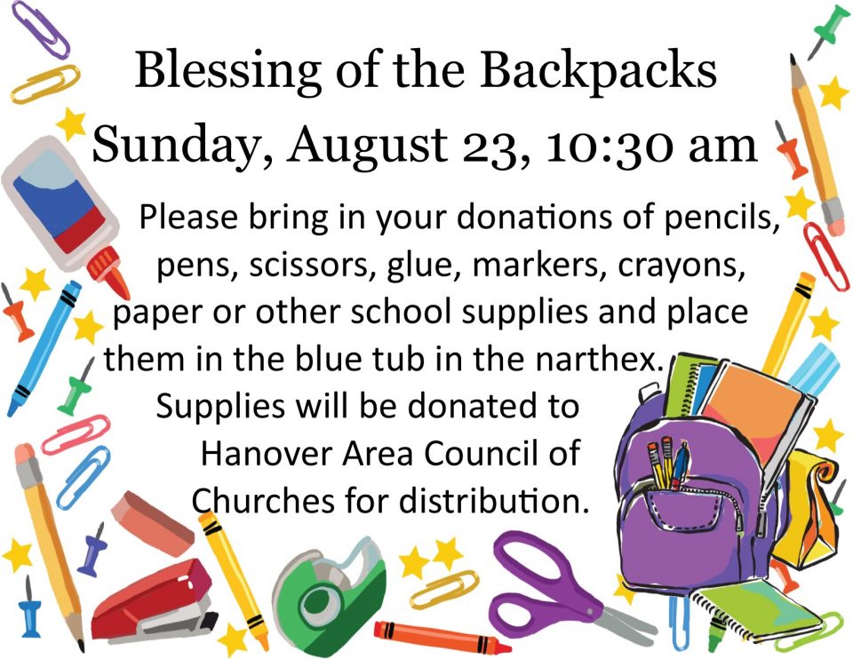 Blessing of the Backpacks Hanover Church of the Brethren